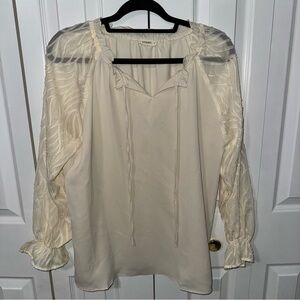 Andthewhy Cream Ruffle Blouse with Sheer Sleeves Size Large